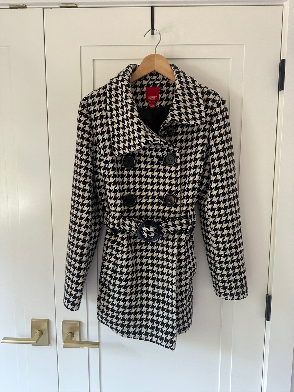 Esprit 80% Wool Houndstooth Belted Peacoat Black Cream Size Large